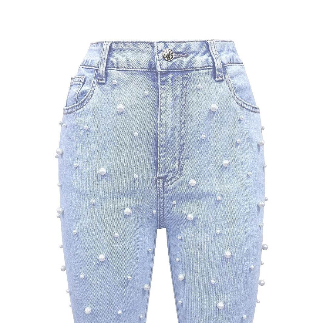 Trendy High Waist Pearl Jeans - Stretch Denim for Modern Women - Buy Center