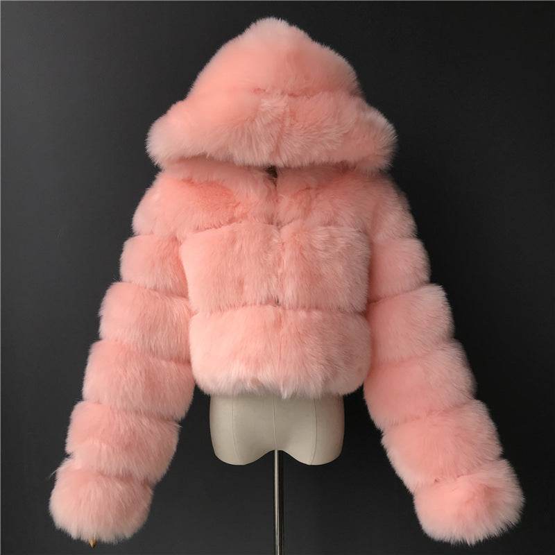 Trendy Short Hood Fox Fur Women's Coat - Stylish Faux Fur & Leather - Buy Center