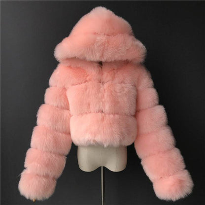 Trendy Short Hood Fox Fur Women's Coat - Stylish Faux Fur & Leather - Buy Center