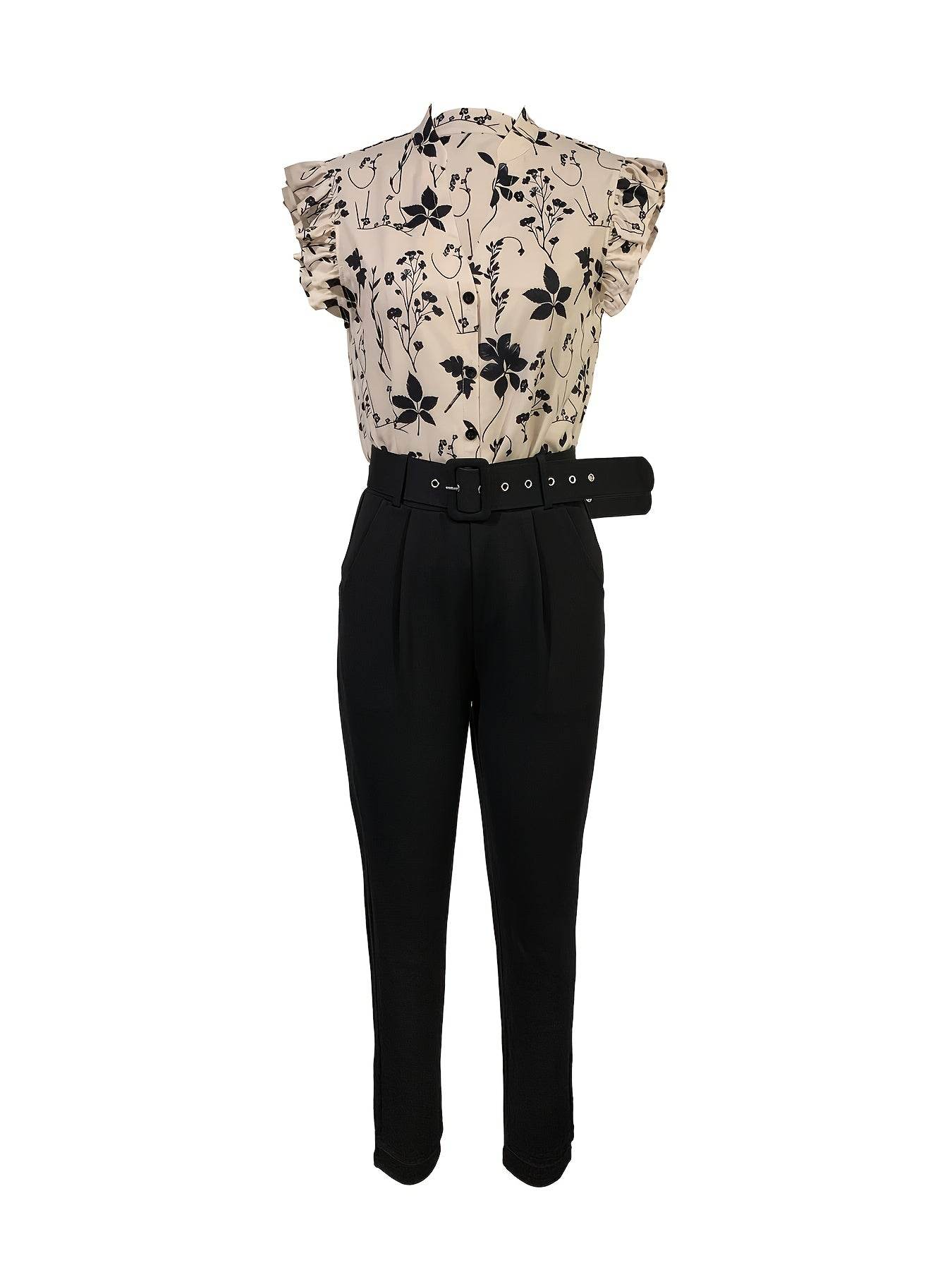 Women's V-Neck Two-Piece Set - Casual Wood Ear Cuffs & Belted Pants - Buy Center