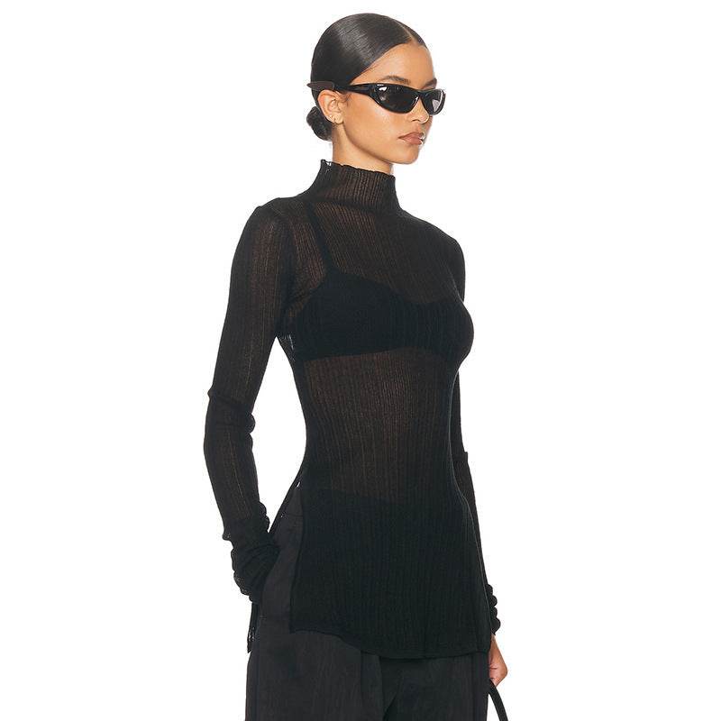 Stylish Turtleneck Long Sleeve Knitted T-shirt - Slim Fit Casual Blouse - Buy Center