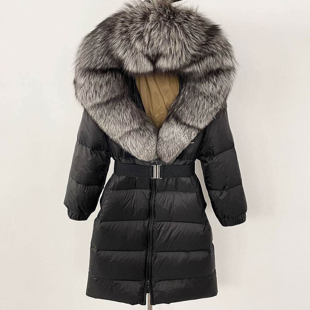 Women's Long Hoodie Coat - Real Fox Fur Collar, Padded Warmth 2025 - Buy Center