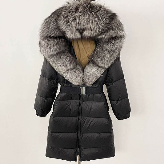 Women's Long Hoodie Coat - Real Fox Fur Collar, Padded Warmth 2025 - Buy Center