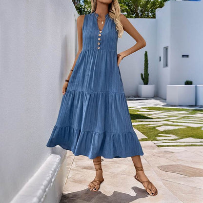 Buycenter Sleeveless Pleated Dress - Elegant A-Line in Solid Blue - Buy Center