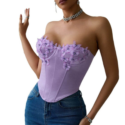 Sexy Satin Butterfly Tube Top - Strapless Abstract Purple Camisole - Buy Center