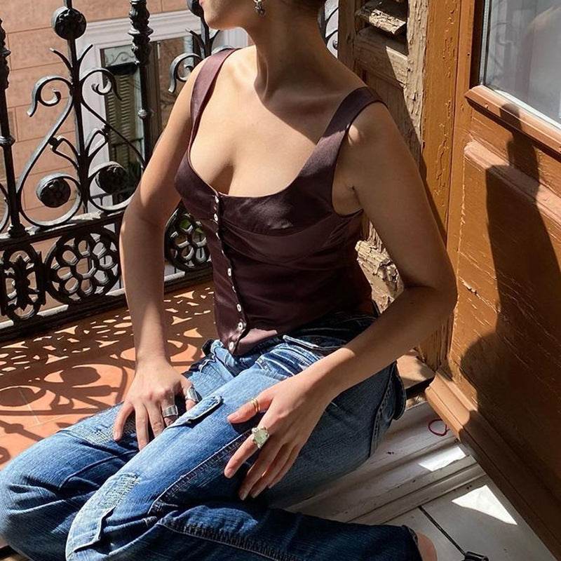 Buycenter Women's Square-Neck Satin Slip Top - Backless & Slim Fit Vest - Buy Center