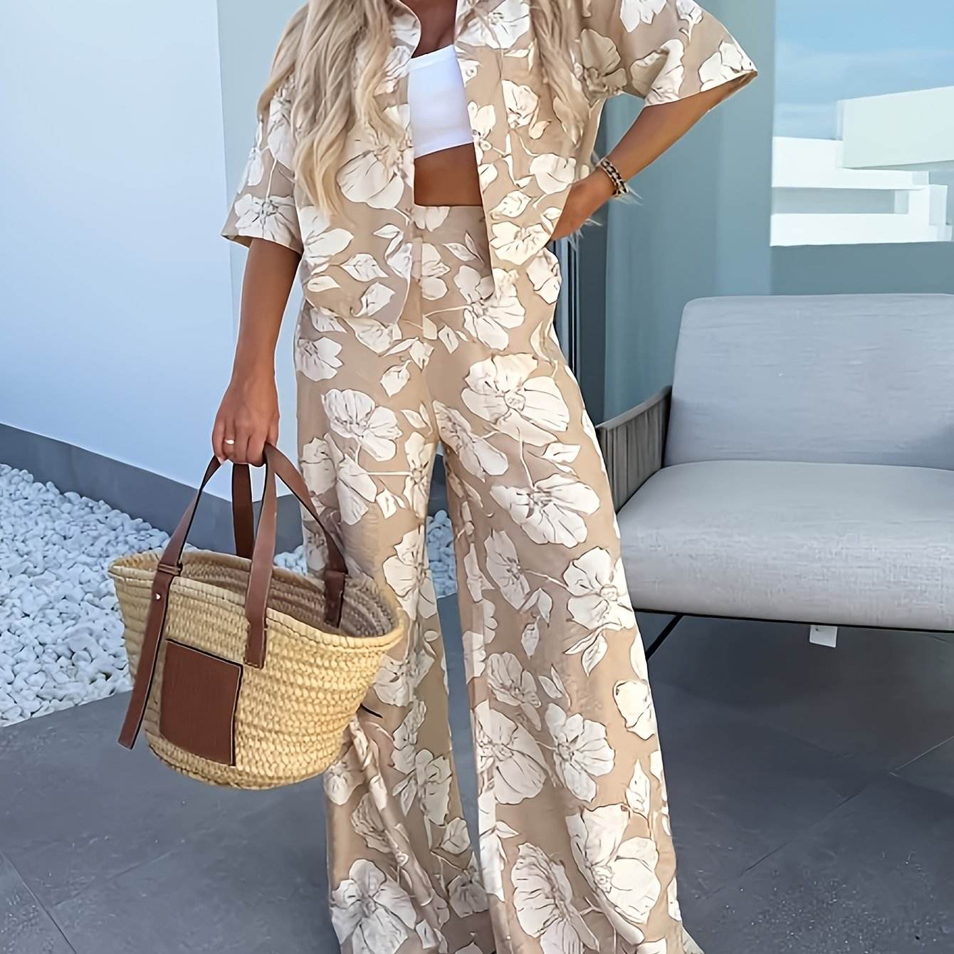 Elegant Women's Summer Floral Shirt & Pants Set - 2pcs - Buy Center