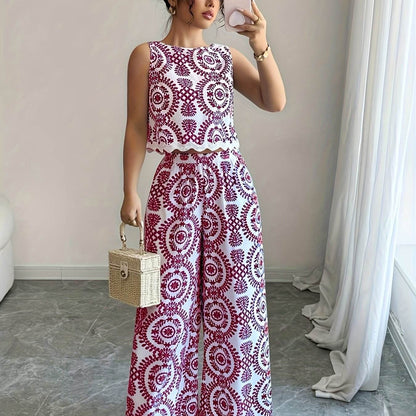 Elegant Women's 2pcs Set - Plant Pattern Top & Pants for All Seasons - Buy Center