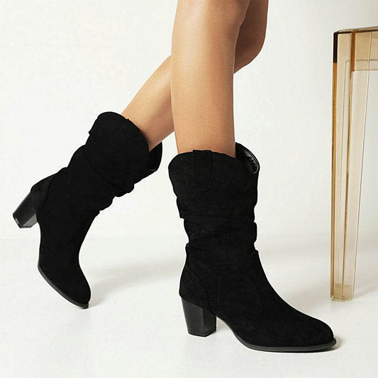 Buycenter Chunky Heel High Boots - Stylish Suede Mid-Calf for Women - Buy Center