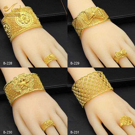 Women's Alluvial Gold Bracelet Ring Set - C-Shaped Ripple Design - Buy Center