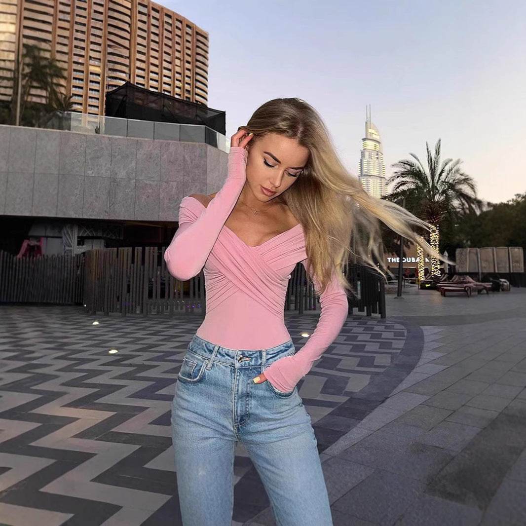 Buycenter Fashion Off-Shoulder V-Neck Slim-Fit Long Sleeve Top - Buy Center