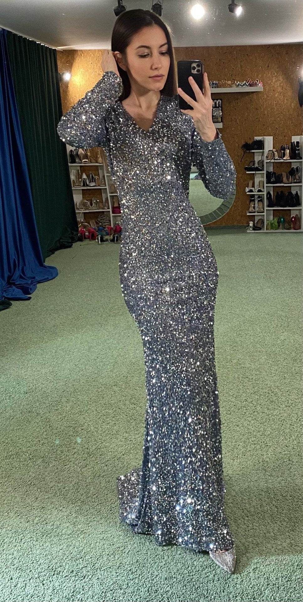 Grey Long Sleeve Sequin Evening Dress - Elegant Prom Gown for Women - Buy Center