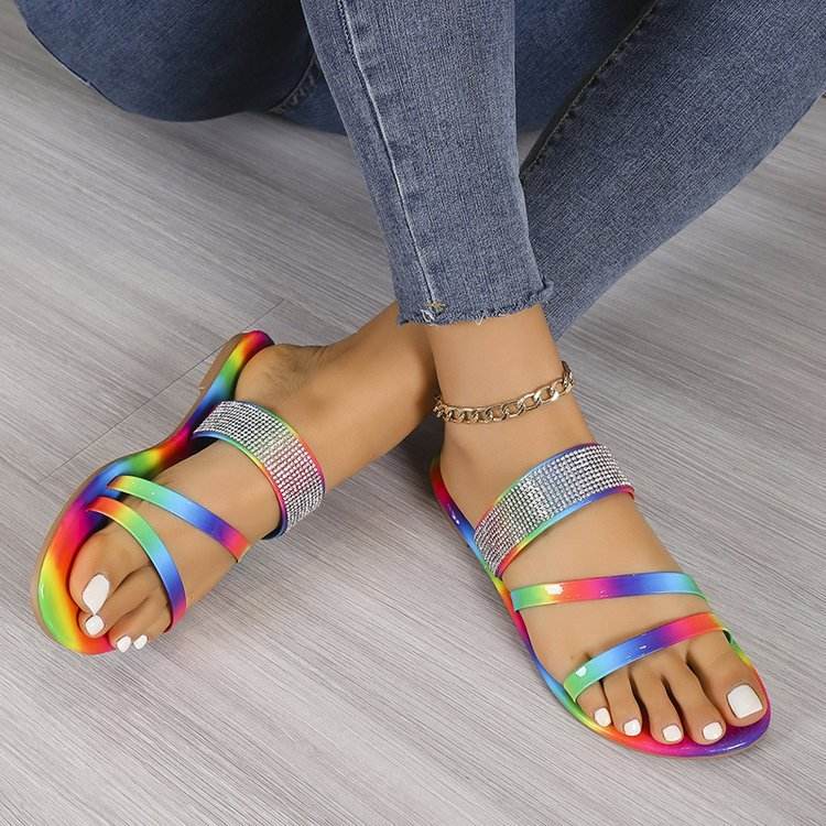 Buycenter Rhinestone Flat Slippers - Round Toe, Lightweight Casual Style - Buy Center