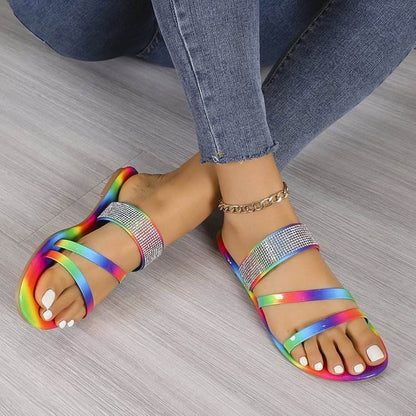 Buycenter Rhinestone Flat Slippers - Round Toe, Lightweight Casual Style - Buy Center