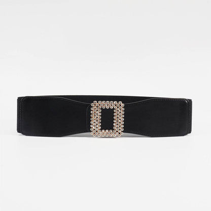 Women's Black Rhinestone Square Buckle Belt - Versatile Elastic Waistband - Buy Center
