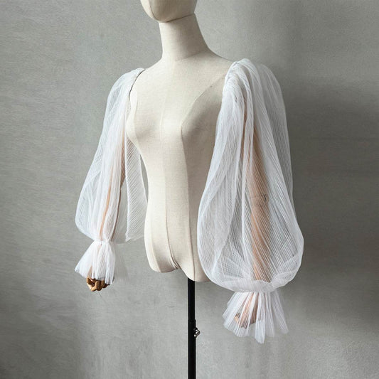 Elegant White Pleated Bell Sleeve Wedding Dress - Perfect for Modern Brides - Buy Center