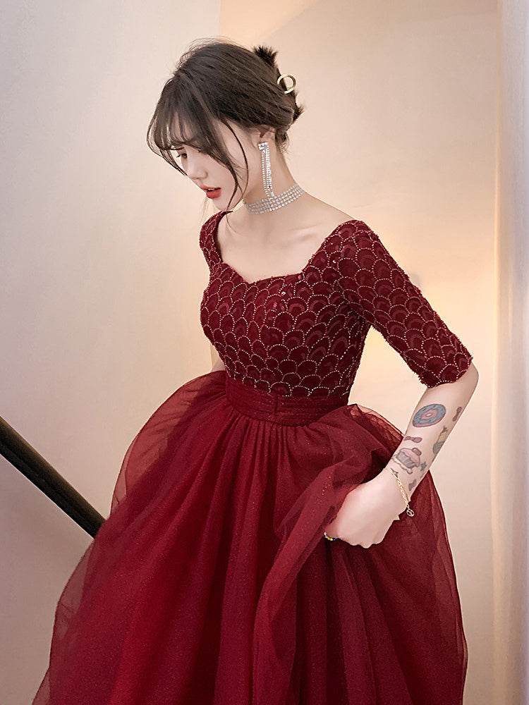 Buycenter Wine Red Long Sleeve Evening Dress - Elegant Back Door Style - Buy Center