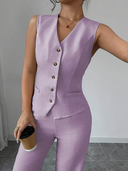 Women's Solid Color Vest & Wide-Leg Pants Set - Elegant Spring Look - Buy Center