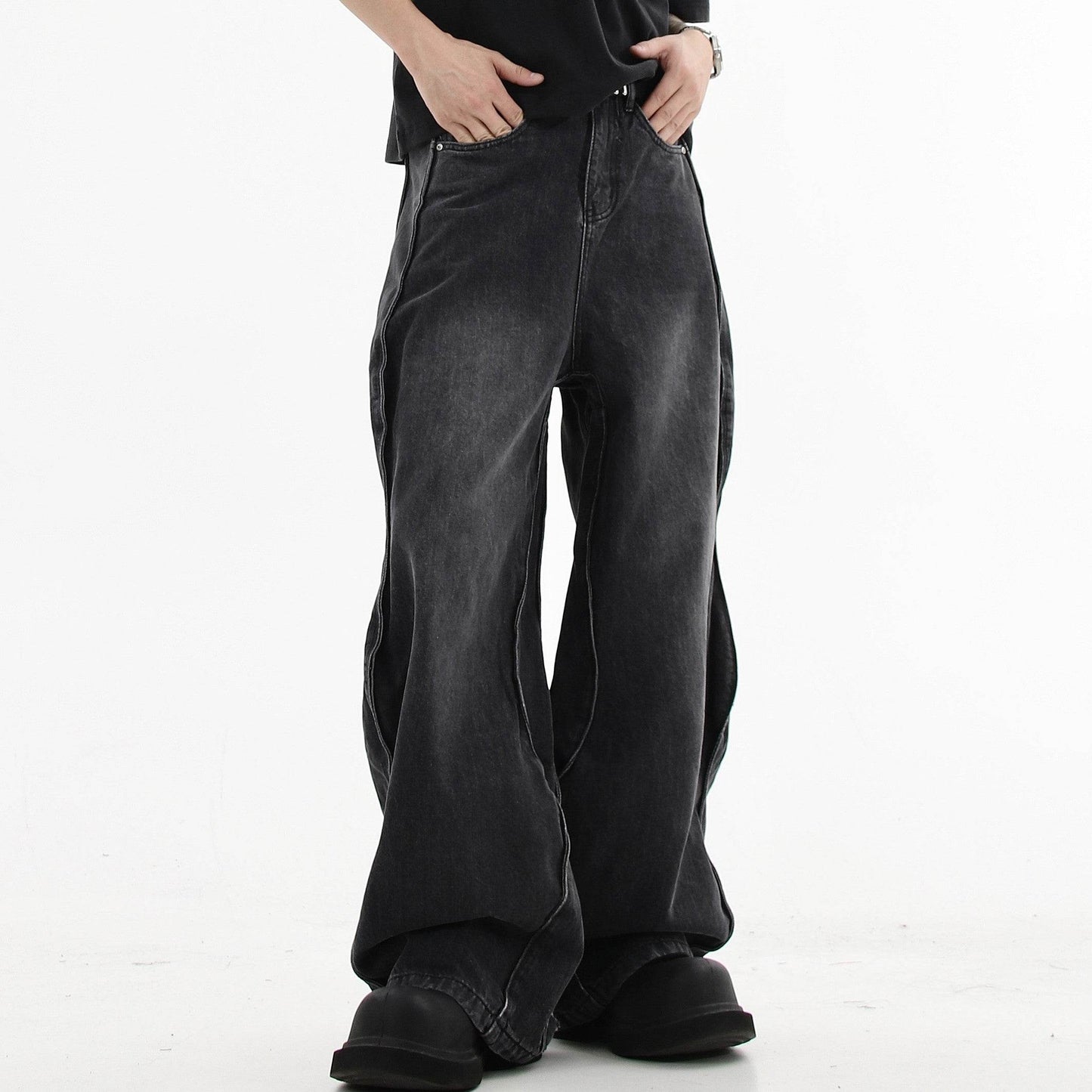 Buycenter Men's Loose Mop Wide Leg Pants - Stylish Black & Gray Denim - Buy Center