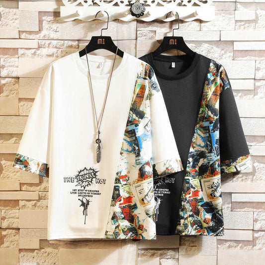 Buycenter Half-Sleeved Contrast Color Base Shirt - Geometric Style & Loose Fit - Buy Center