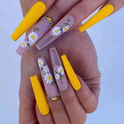 Extra Long Ballerina Fake Nails - 24 Pcs Orange Gradient Gold Foil - Buy Center