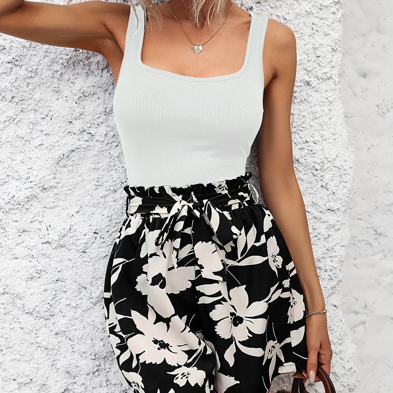 Striped Vest & Floral Shorts Set - Perfect Vacation Outfit - Buy Center