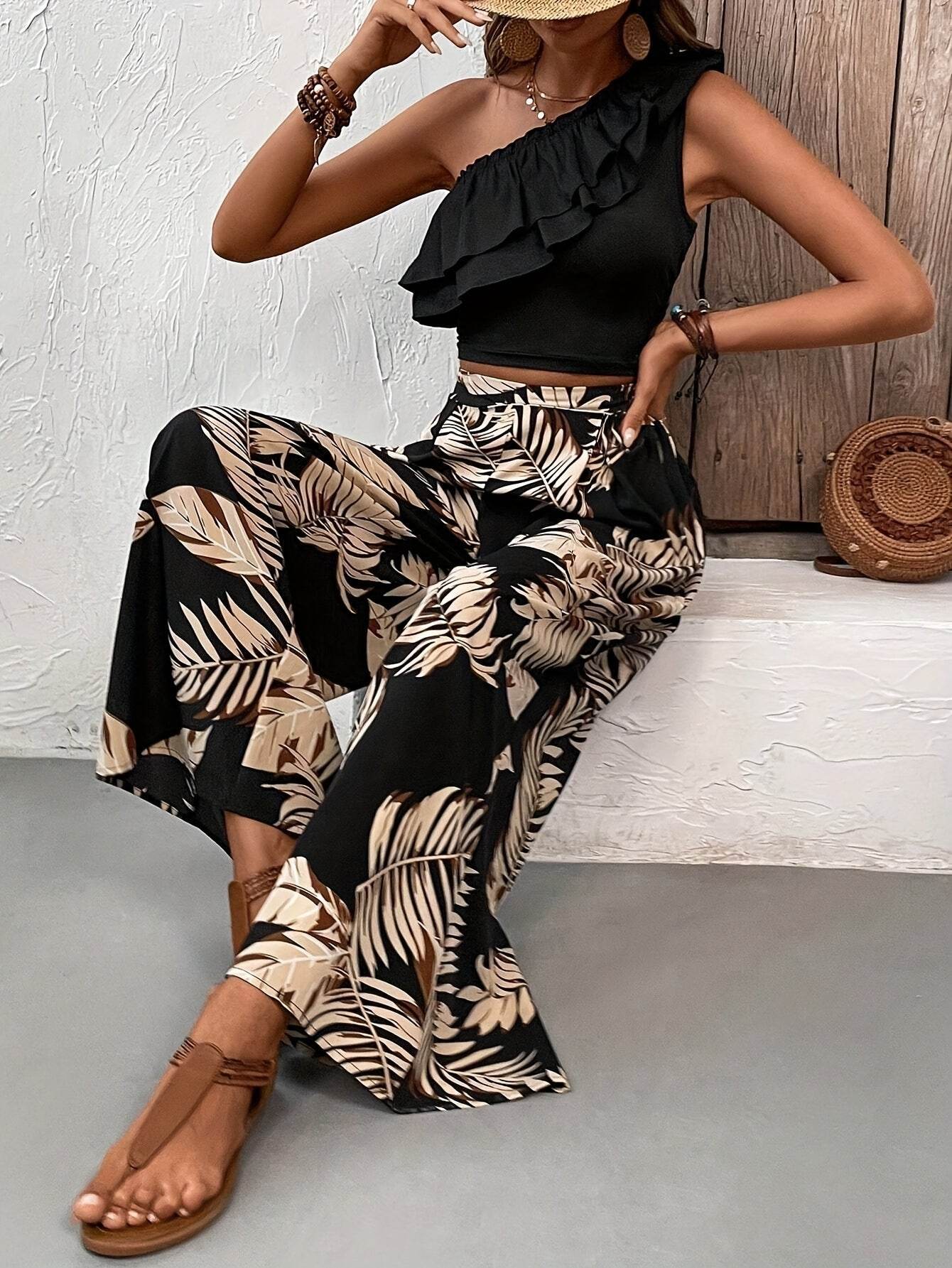 Elegant Women's Off-Shoulder Ruffle Top & Tropical Pants Set - Buy Center