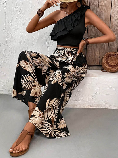 Elegant Women's Off-Shoulder Ruffle Top & Tropical Pants Set - Buy Center
