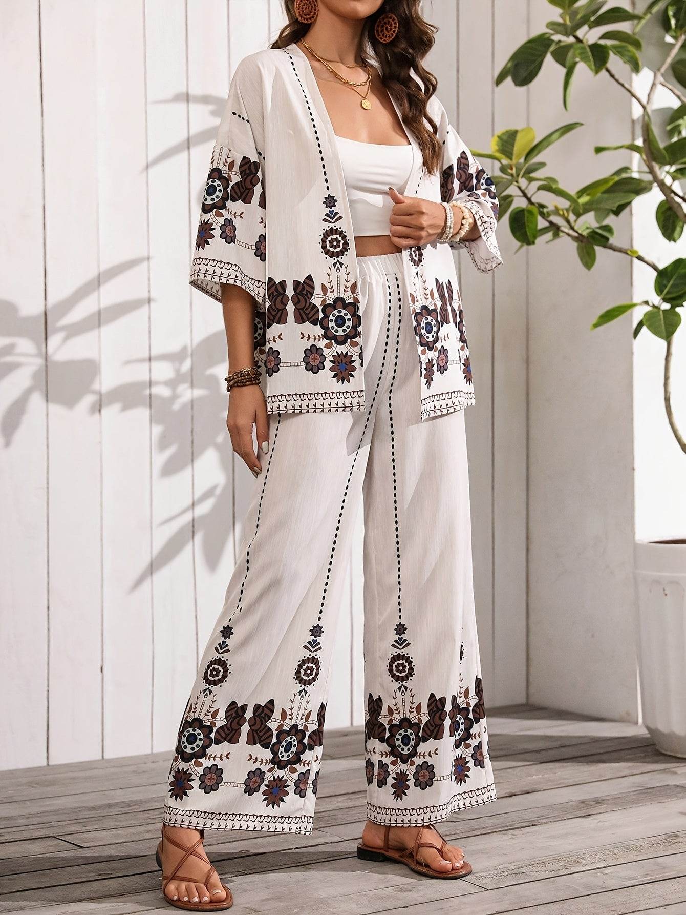 H632 Long Pants Floral Set - Casual Cardigan Collar Style - Buy Center