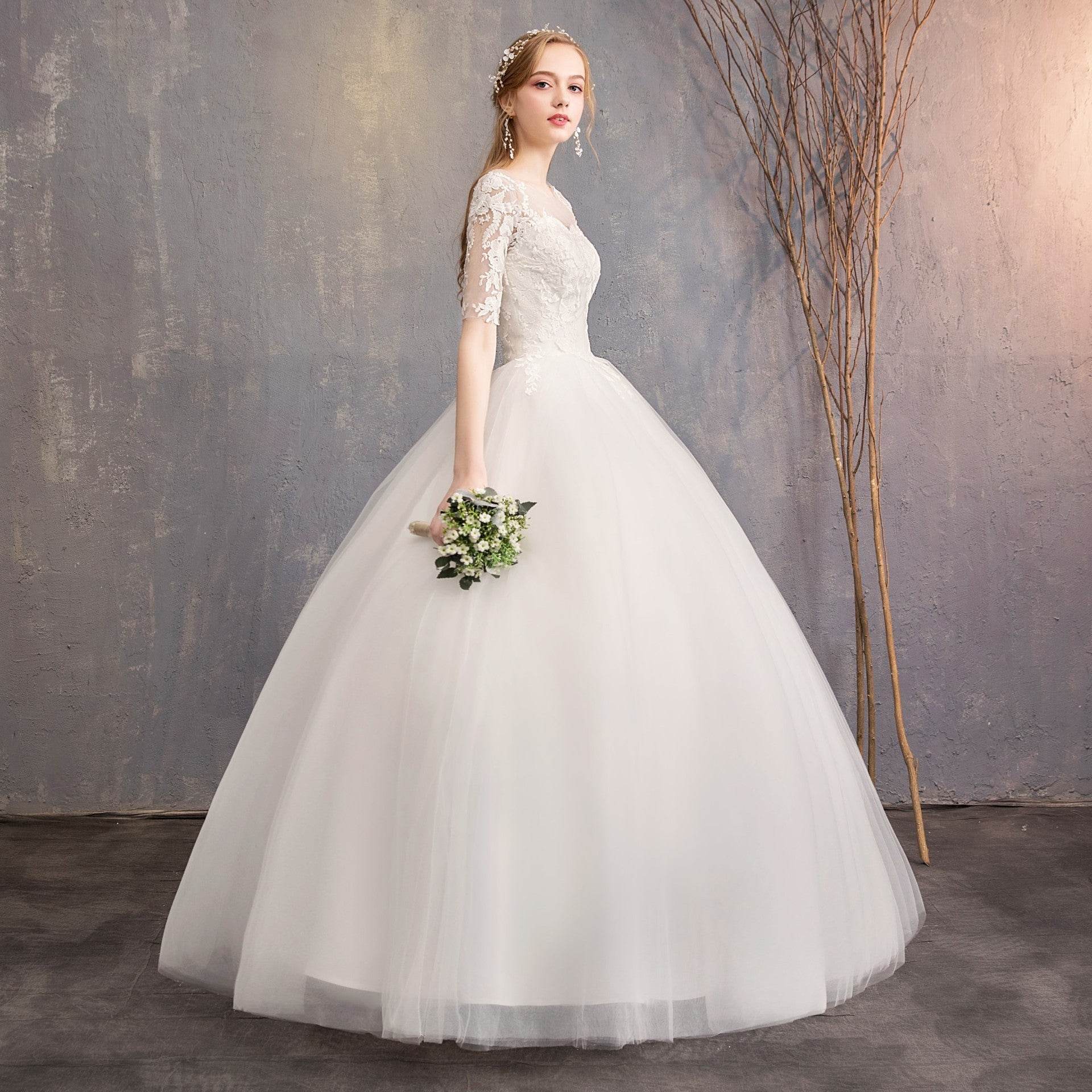 Slim Plus Size Wedding Dress - Mid-Sleeve Organza Puff Skirt Style - Buy Center