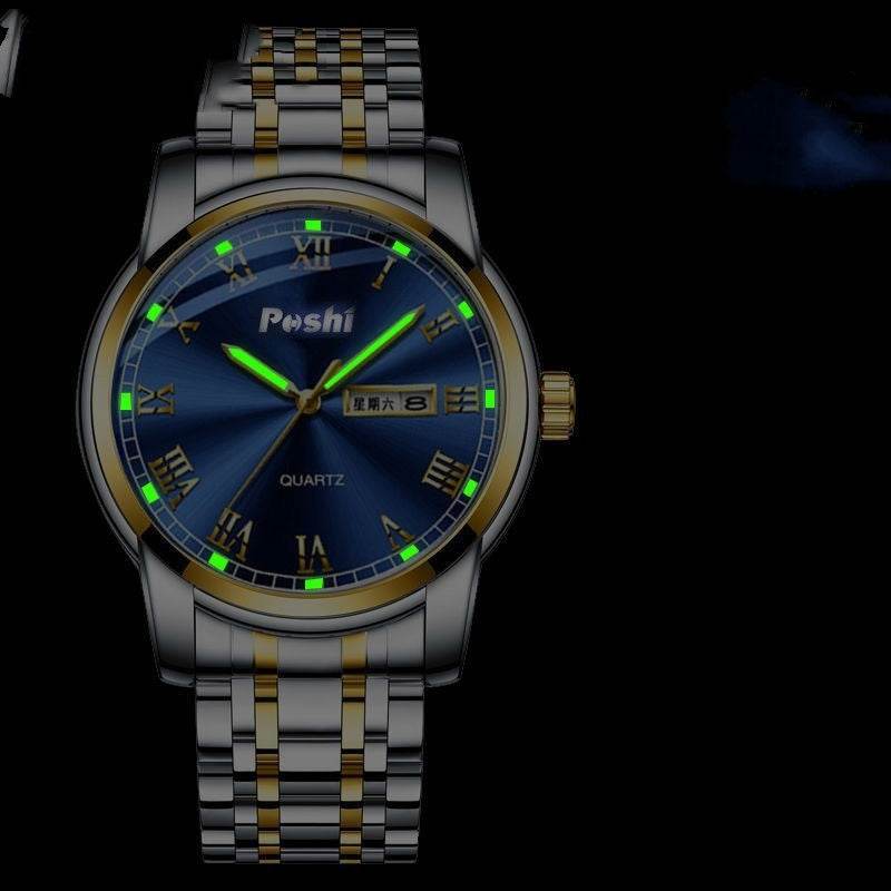 Men's Steel Band Quartz Watch - Luminous, Waterproof, Double Calendar - Buy Center