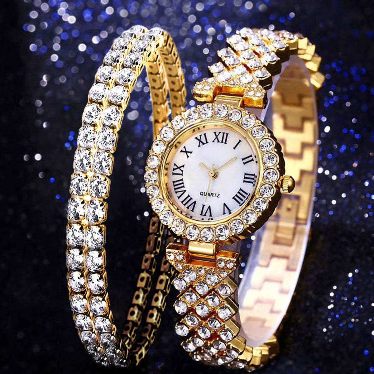 Buy Center Luxury Diamond Quartz Watch & Bracelet Set - Elegant Fashion Jewelry - Buy Center