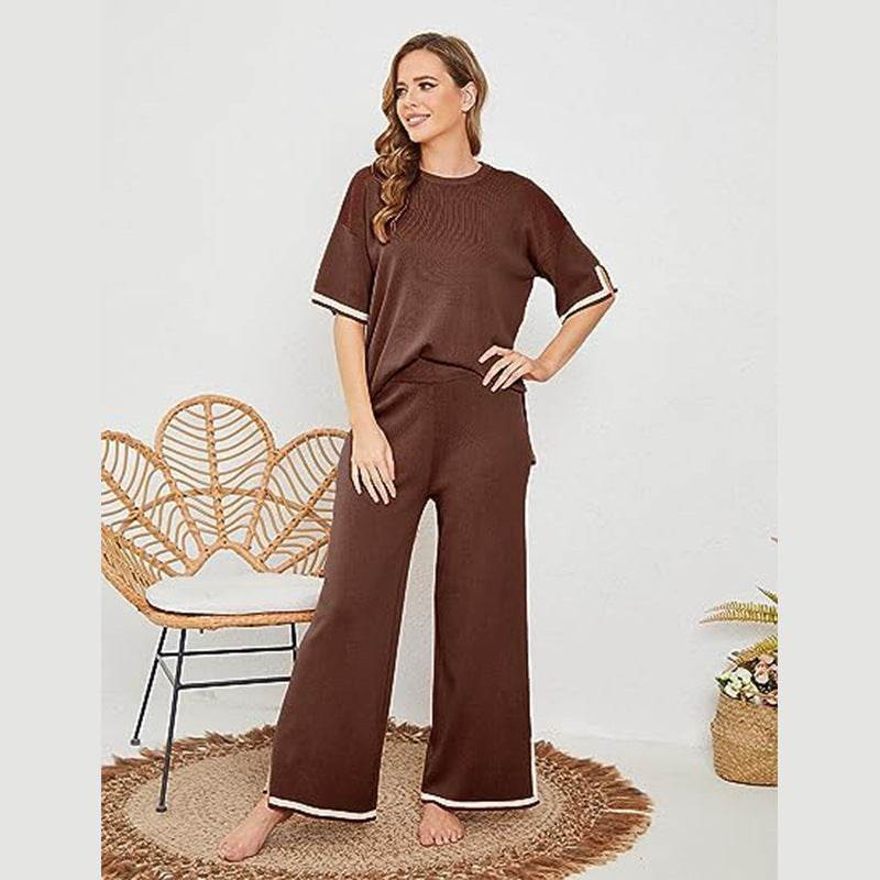Buycenter New Knitting Suit - Short Sleeve Pullover & Wide Leg Pants - Buy Center