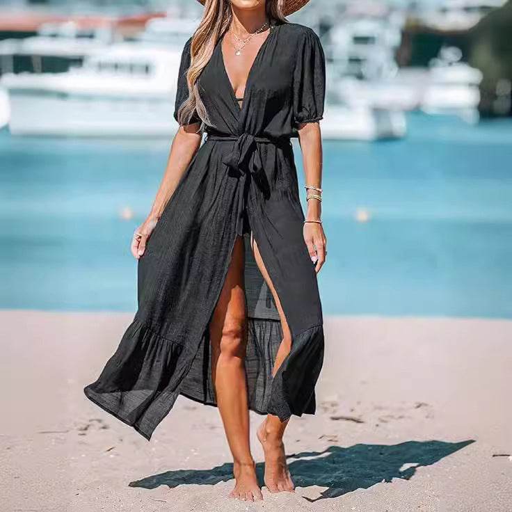 Elegant Tencel Slub Cotton Long Cardigan - Ruffled Kimono Blouse 2025 - Buy Center