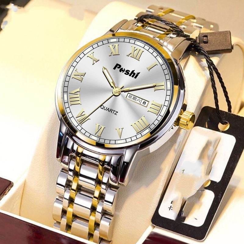 Men's Steel Band Quartz Watch - Luminous, Waterproof, Double Calendar - Buy Center