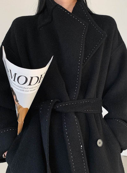 Buycenter Double-faced Woolen Overcoat - Long Fur Lapel, Lace-up Style - Buy Center