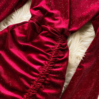 Buycenter V-Neck Velvet Evening Dress - Gold Long Sleeve & Waist Pack - Buy Center