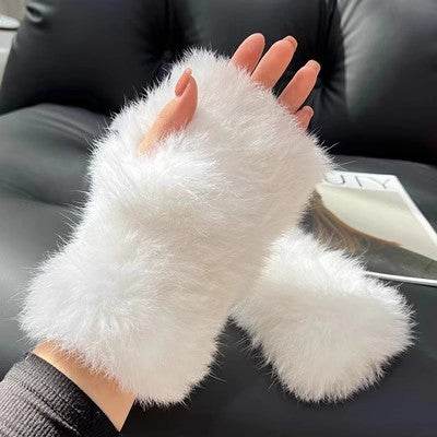 Sweet Warm Rex Rabbit Fur Gloves - Cozy Half Finger Design for Winter - Buy Center