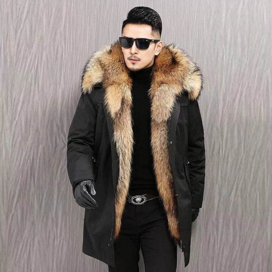Korean Mid-Length Faux Fur Coat - Hooded Raccoon Liner Slim Fit Style - Buy Center