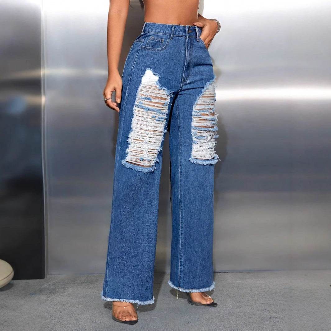 Women's Ripped Wide Leg Denim Trousers - High Waist Dark Blue Jeans - Buy Center