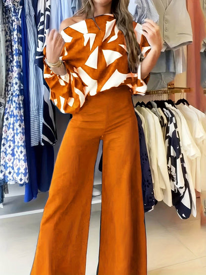 Geometric Printed Casual Top & Pants Set - 100% Polyester, All Season - Buy Center