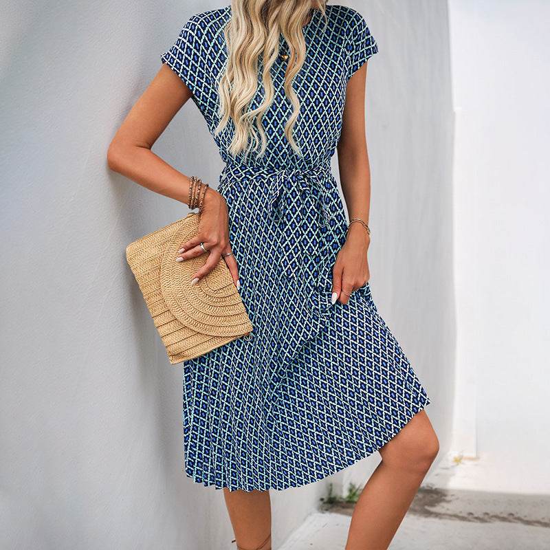 Elegant Round Neck Lace-Up Dress - Blue A-Line Flight Sleeve Style - Buy Center