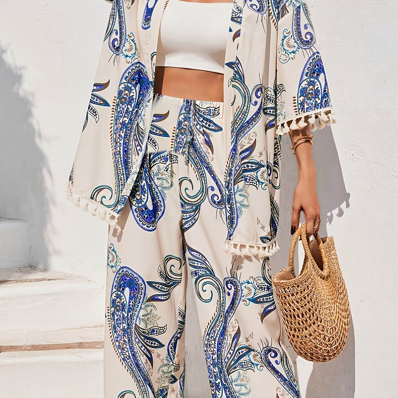 Elegant Women’s Peacock Print Kimono Top & Pants Set - Lightweight - Buy Center