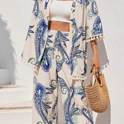 Elegant Women’s Peacock Print Kimono Top & Pants Set - Lightweight - Buy Center