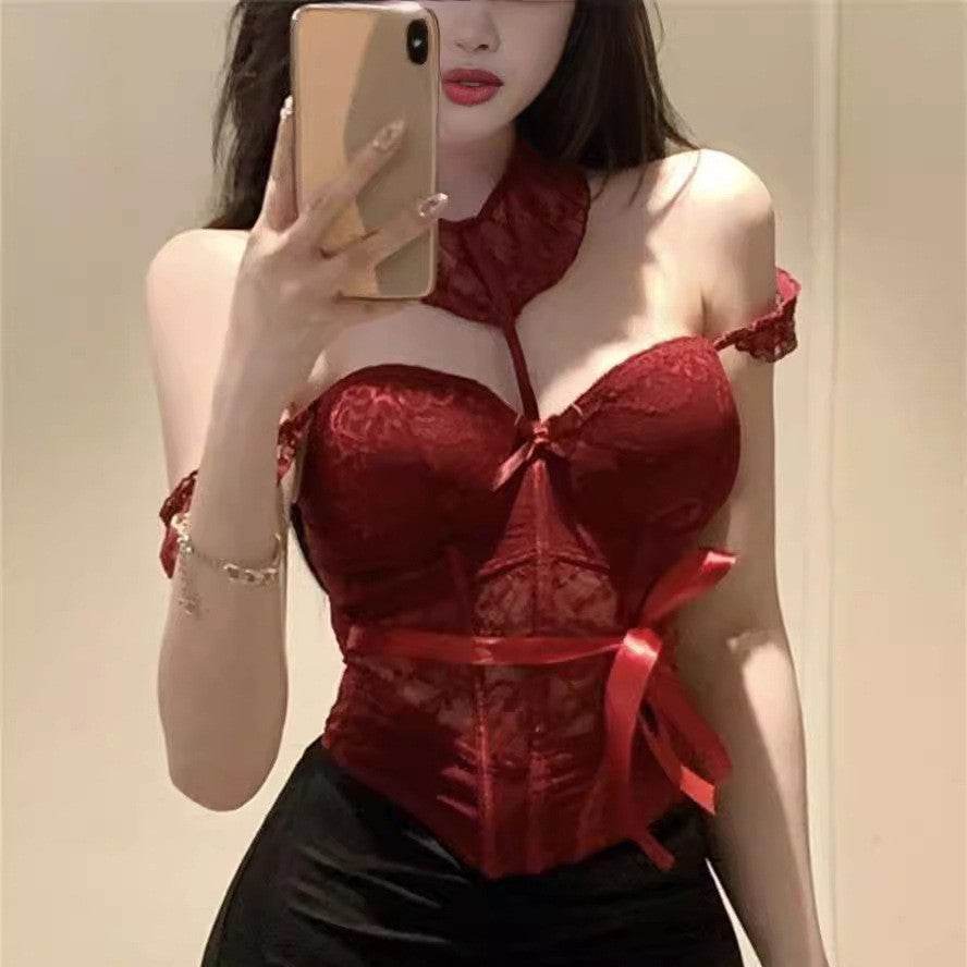 Women's Fishbone Camisole - Wine Red Halter Top with Detachable Straps - Buy Center