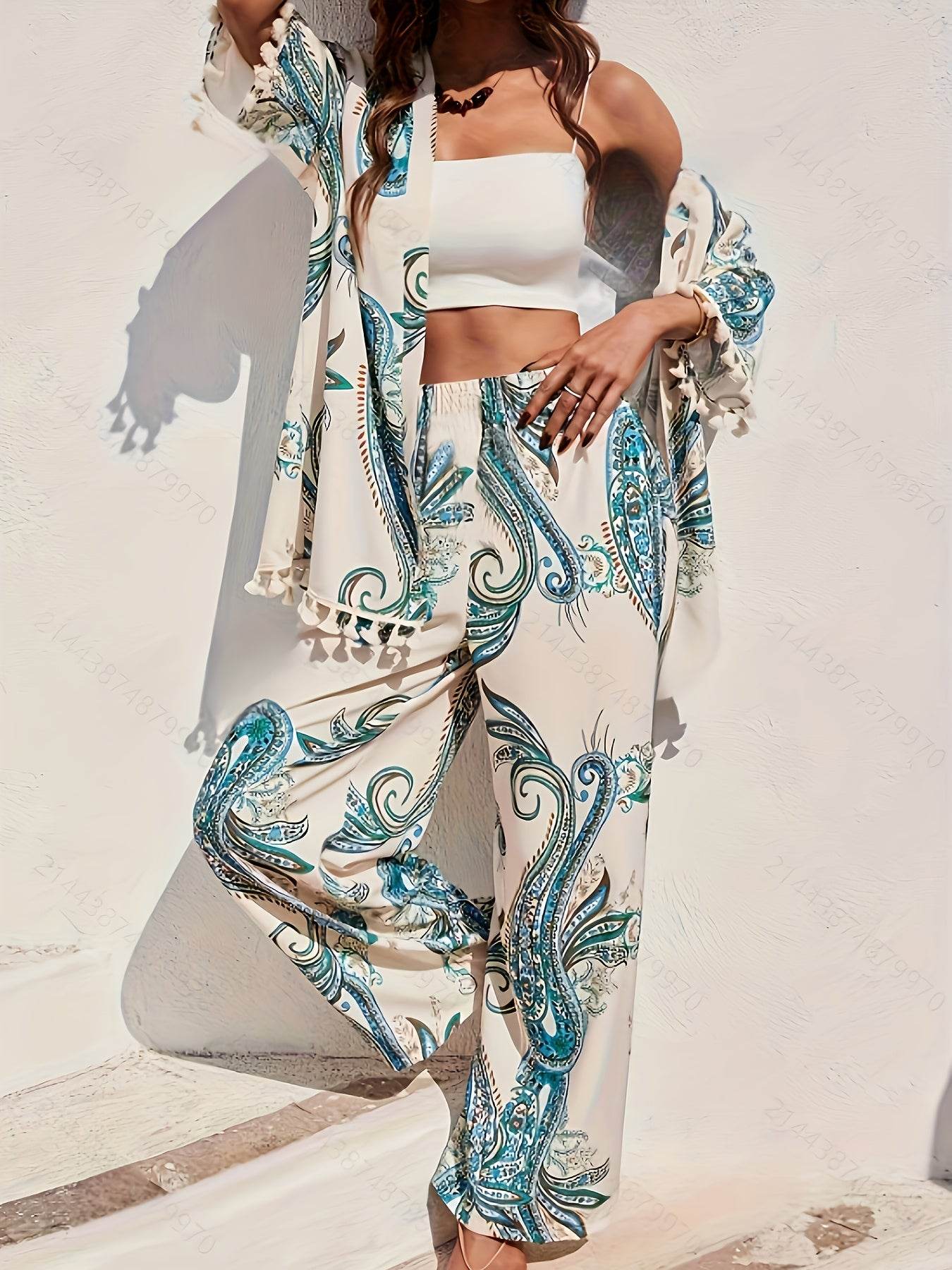 YY0208118 Women's Peacock Print Kimono & Loose Pants Set - Elegant Style - Buy Center