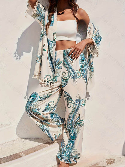 YY0208118 Women's Peacock Print Kimono & Loose Pants Set - Elegant Style - Buy Center