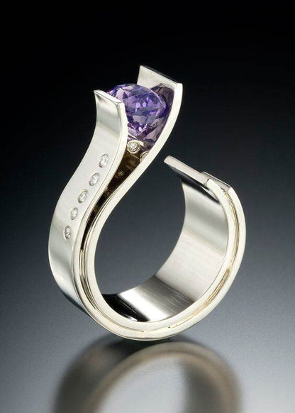 Buy Center Amethyst Diamond Two-Color Ring - Elegant Flower Design - Buy Center