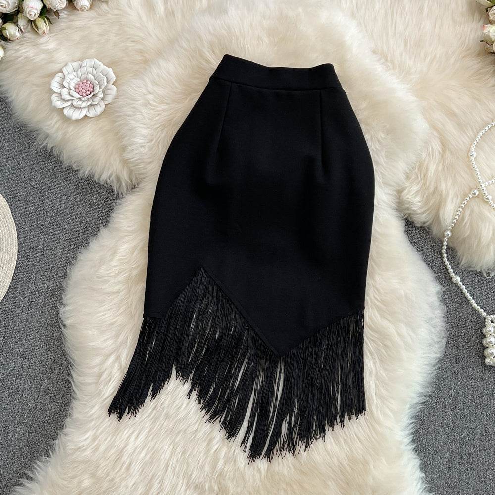 Buycenter High Waist Irregular Pencil Skirt with Tassel Detail | Black - Buy Center