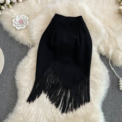 Buycenter High Waist Irregular Pencil Skirt with Tassel Detail | Black - Buy Center